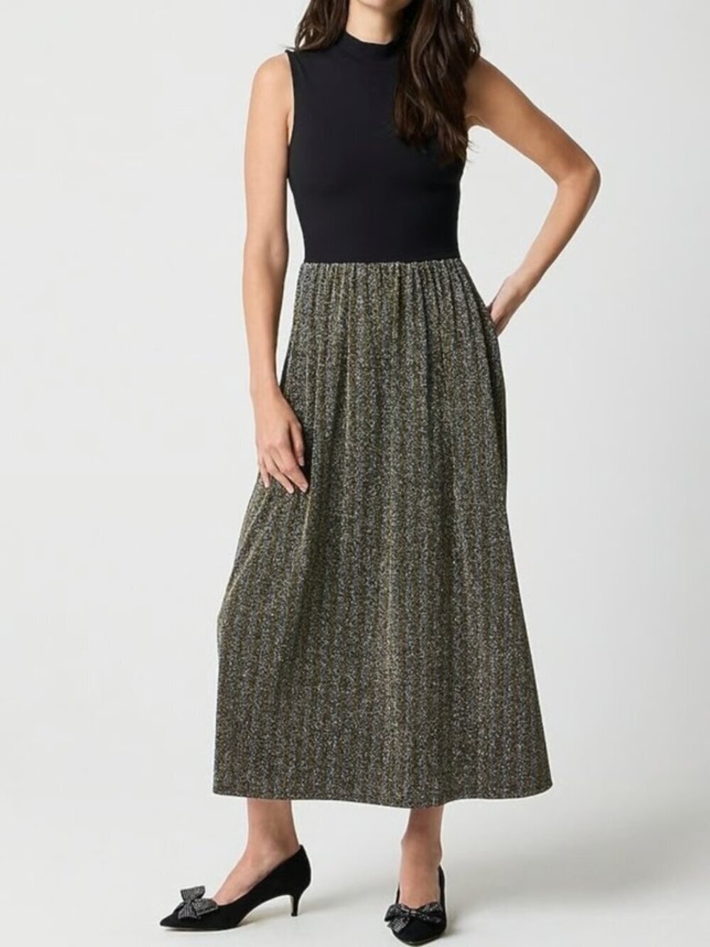 J. Crew Mockneck Mixed Media Sparkle Skirt Midi Dress Black Size XS NWOT